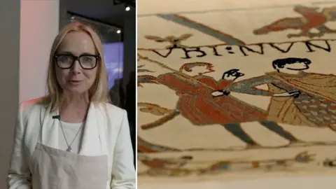 Split screen image with Katie Razzall (l) and a section of the Bayeux Tapestry (r)