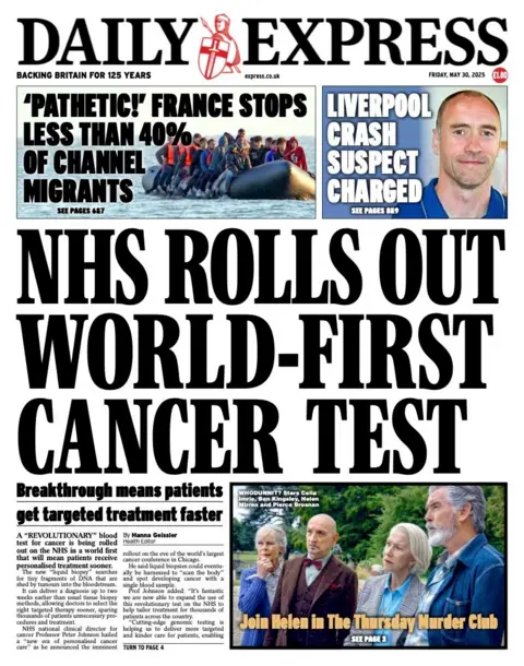 The headline on the front page of the Daily Express reads: "NHS rolls out world-first cancer test".