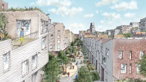 An artist's sketch of a man looking out from a balcony over a high street covered in trees and across roof tops of various apartment blocks. People can be seen walking and cycling along the high street. 