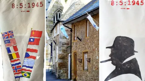 Sue Melville Three images. One shows terraced stone cottages in Abbotsbury with banners strung from flagpoles hanging over the pavement. The other two are of the banners. One banner depicts two flagpoles bearing the national flags of 15 World War Two allies. The other shows a profile silhouette of Winston Churchill with his trademark cigar in his mouth and trilby hat.