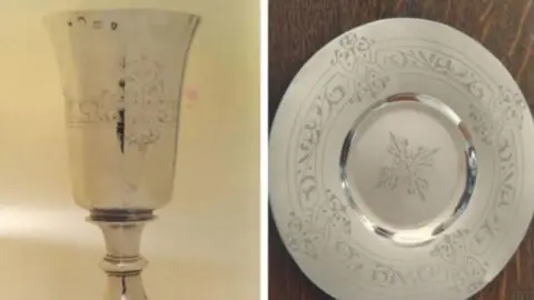 A composite showing a silver chalice from two different angles. On the left, it is pictured from the side, it has some ornate carvings in it. The other image shows the base of the cup, which has swirling designs on it.