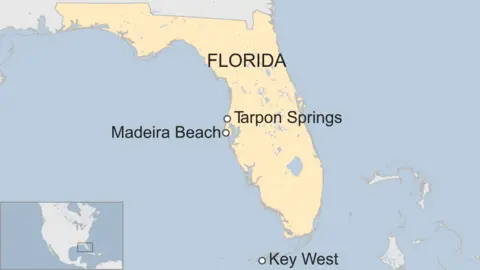Map of Florida showing Tarpon Springs, Madeira Beach and Key West