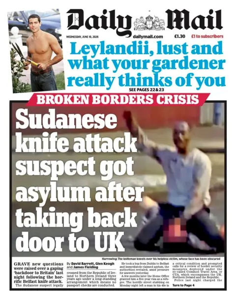 The headline on the front page of the Daily Mail reads: "Sudanese knife attack suspect got asylum after taking back door to UK." 
