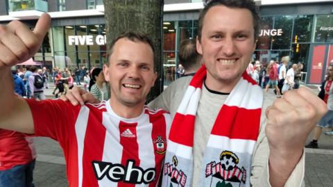 Brothers Ben (left) and Ed Robinson celebrate Southampton's immediate return to the Premier League