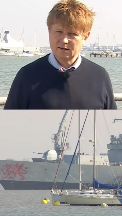Split screen of reporter and HMS Dragon.