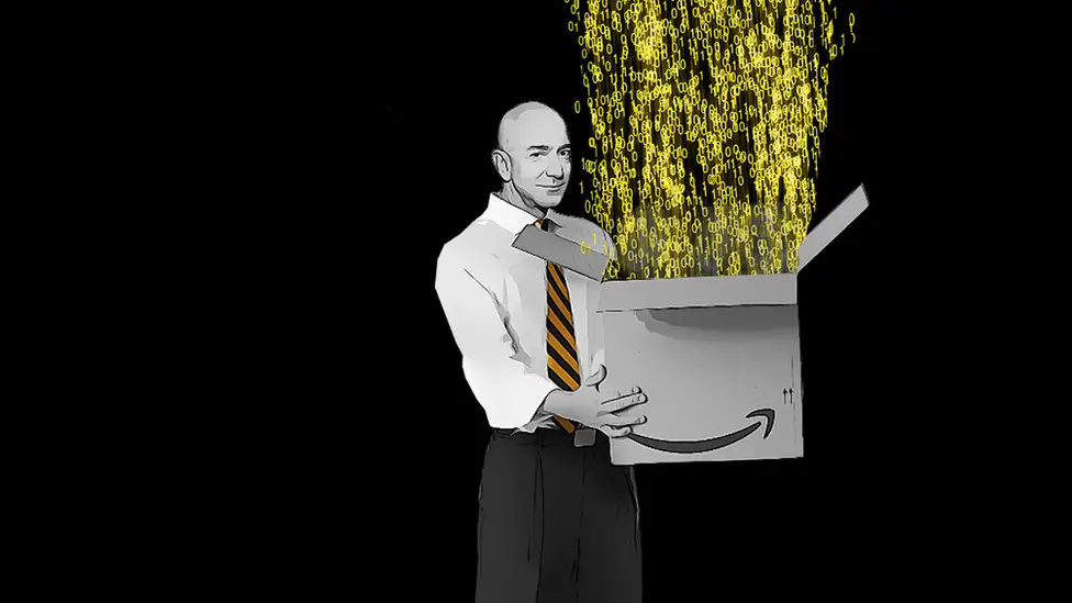 Illustration of Jeff Bezos holding an Amazon delivery box