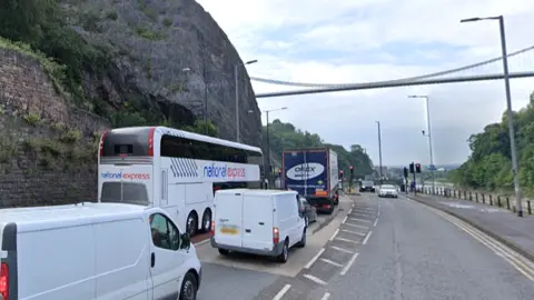 Google Vehicles queue on the A4 going under the Clifton Suspension Bridge