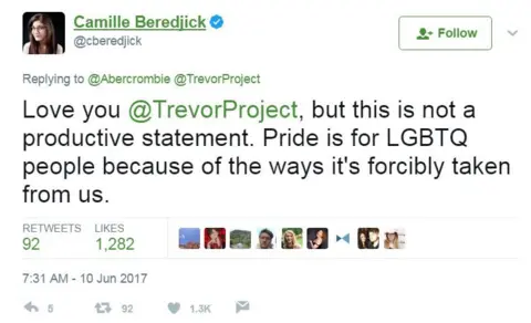 Twitter/cberedjick Tweeter Camille Beredjick wrote: "Love you @TrevorProject, but this is not a productive statement. Pride is for LGBTQ people because of the ways it's forcibly taken from us."