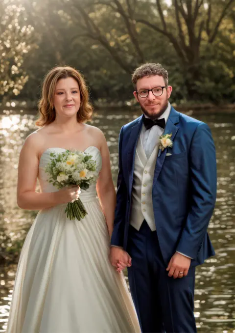 Jillian Edelstein/ Breast Cancer Now Katie Enell with her with her partner on their wedding day in 2025