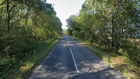 Google A single carriage road is shown with a white line down the centre. It is a straight road with trees on either side.