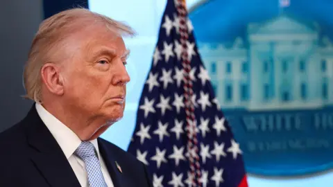A headshot-style crop shows Trump looking pensively to the right of frame against a backdrop of the stars of the American flag and a plaque picturing the White House, while speaking during a press conference in Washington DC on Monday.