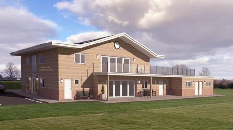 A CGI of the plans for a new clubhouse building show a two storey building with a balcony