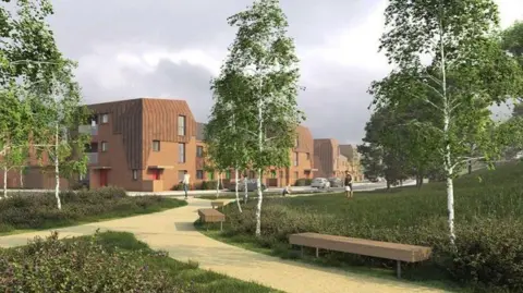 A computer generated image of the proposed estate. At the front is a grassy area with a path weaving through it. In the background there is a row of brown, three-storey homes.