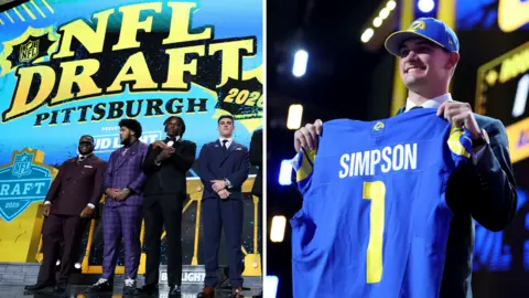 The NFL Draft in Pittsburgh with the Los Angeles Rams picking quarterback Ty Simpson in the first round