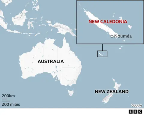Map showing where New Caledonia sits in relation to Australia and New Zealand
