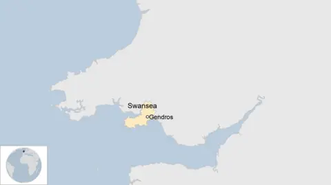 A map showing the location of Gendros, in the west of the city of Swansea, in south west Wales 