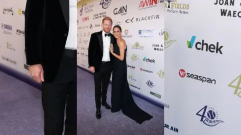 Harry (left) in a tuxedo next to Meghan (right) in a long black dress.