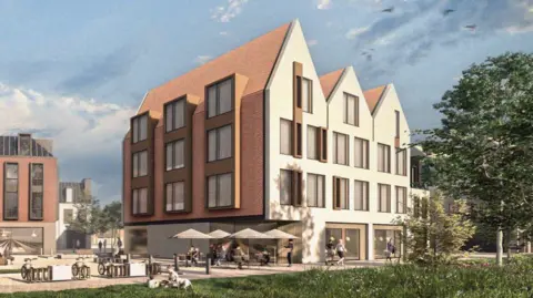 A computer-generated image of new homes and commercial units. There are people dining alfresco near some green landscape. 