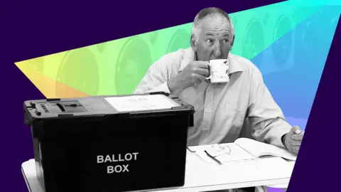 A man wearing a shirt sips from a mug while sitting behind a table. A notebook, pencil and pair of glasses are on the table in front of him. Next to the items is a large black box with "ballot box" written on the side.
