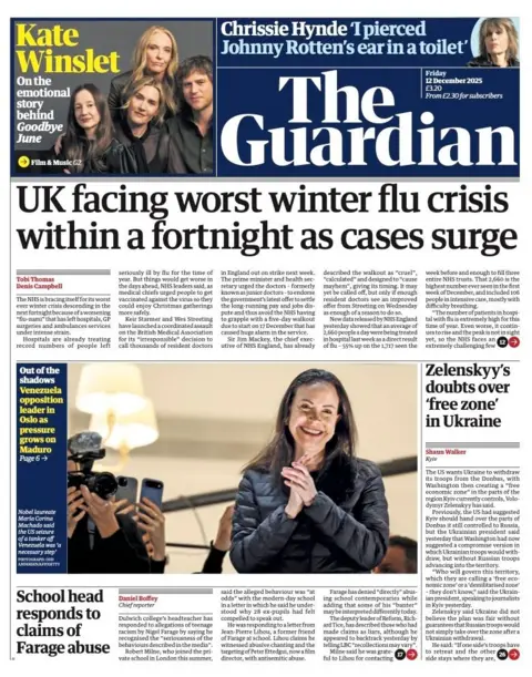 The headline on the front page of the Guardian reads: “UK facing worst winter flu crisis within a fortnight as cases surge".