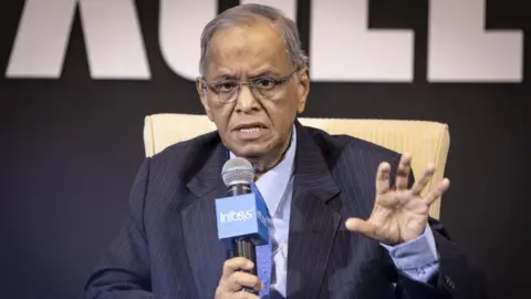 Getty Images Narayana Murthy, co-founder of Infosys Ltd., speaks at the event celebrating 40 year anniversary of Infosys Ltd. at the company's head office in Bengaluru, India, on Wednesday, Dec. 14, 2022. Photographer: Aparna Jayakumar/Bloomberg via Getty Images