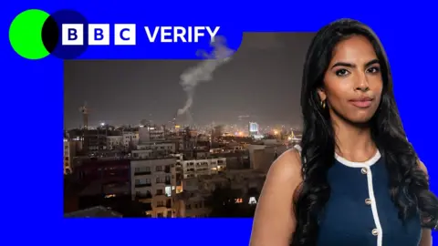 A cutout of BBC Verify reporter Merlyn Thomas imposed over a skyline of Iran, showing a plume of smoke after Israeli strikes