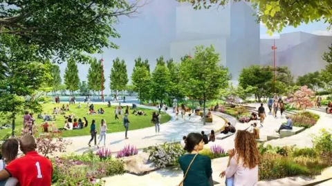 Computer generated image of Manor Square in Smithfield, Birmingham which shows trees in a city park with people sat on grass and concrete steps