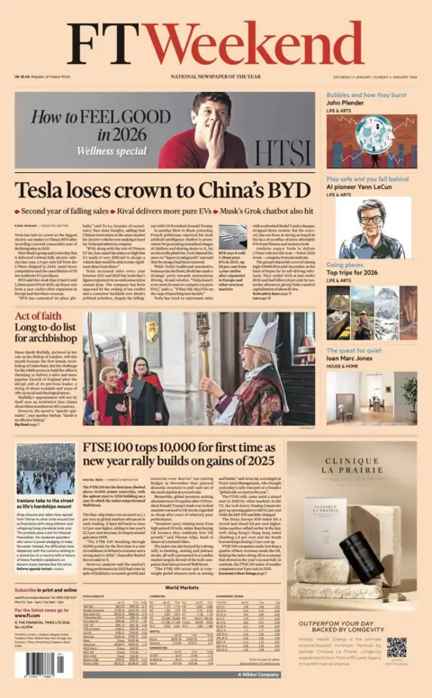 The headline on the front page of the Financial Times reads: "Tesla loses crown to China's BYD". 
