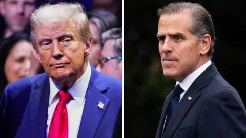 Getty Images Composite photo of Donald Trump and Hunter Biden. Donald Trump is on the left and is wearing a navy suit, white shirt and red tie. Hunter Biden is on the right and is wearing a black suit and tie.