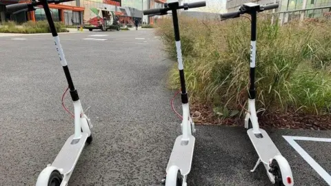 BIRD A collection of e-scooters, displayed in a Redditch street during the town's trial