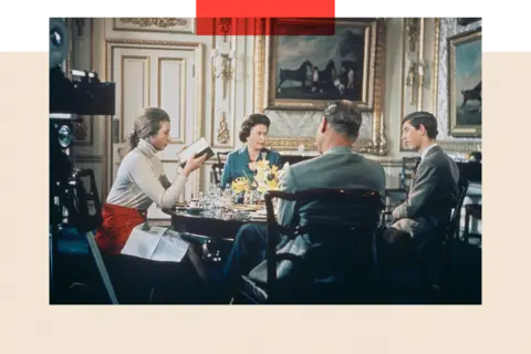 Hulton Archive/Getty Images Queen Elizabeth II lunches with Prince Philip and their children Princess Anne and Prince Charles at Windsor Castle in Berkshire, circa 1969 on the set for the Richard Cawston's BBC documentary 'Royal Family'