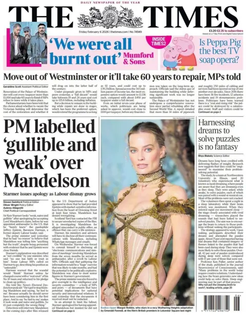 "PM labelled 'gullible and weak' over Mandelson" reads the headline on the front page of the Times.
