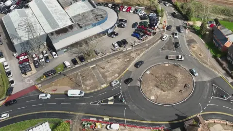 A bird's eye view picture of the roundabout between Finchampstead Road and Molly Millars Lane in Wokingham. 