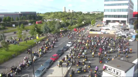 BBC Motorcyclists setting off on Dave Day cavalcade