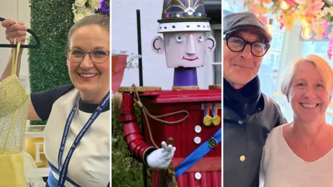 Three side by side image; on the left, a woman with a slicked back bun holds up a yellow dress on a hanger, in the middle, a sculpture made of pots of King Charles, on the right, Stanley Tucci, an older man with thick black glasses and a flat cap stands with his arm around an older woman with a white jumper on.