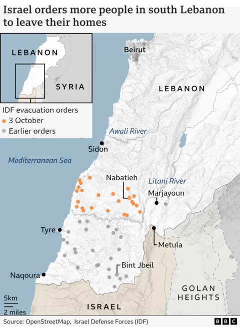 Map showing southern Lebanon towns and villages affected by Israeli military evacuation order (October 3, 2024)