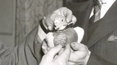 A black-and-white photograph of two men holding Tommy the pigeon wearing a medal.