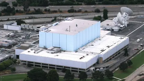 Sunnyvale Heritage Park, a rectangular blue building surrounded by external buildings and roads. Two satellite dishes can also be seen.