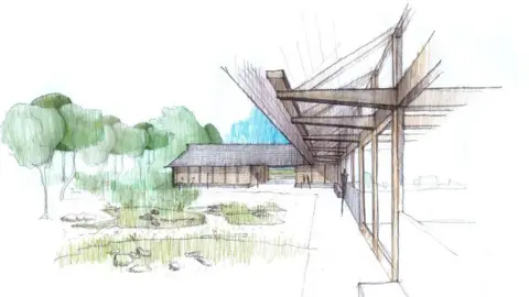 WildLand An illustration showing a planned extension at the Dores Inn. The extension is a wooden, single-storey building with beams and part of it has a glass frontage. 