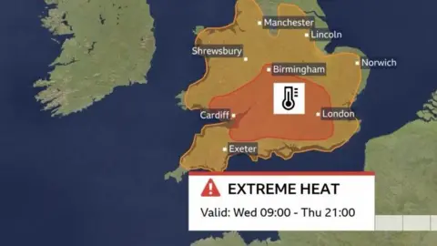A BBC weather map showing the red heat warning over the South East of the United Kingdom.