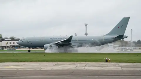 PA Media A Royal Air Force Voyager comes in to land after taking part in the first flight in the UK using 100% Sustainable Aviation Fue