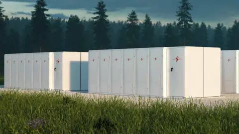 Elmya Energy We can see an artist's impression of three large white containers, similar to those used for shipping.