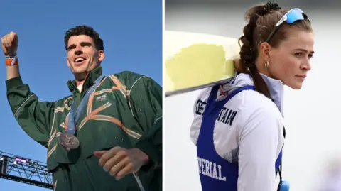Getty Images Composite image. Philip Doyle in green Ireland kit with medal round his neck. His hand is in the air in a fist. On the right is Rebecca Shorten in rowing kit, carrying a boat on her shoulder. She has sunglasses on her head. Her hair is in a plait.