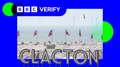 A Clacton sign in front of the sea and Union Jacks inside a blue BBC Verify frame 
