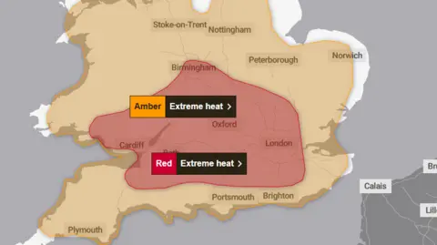 Met Office A map of the UK where a red section fills the map to detail where extreme weather will be felt during a particular time. There is an orange section that shows a slightly less serious weather warning.