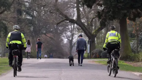 PAcemaker Police patrol on bikes in Ormeau Park in Belfast