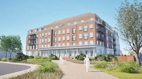 Lichfield Gateway Limited A CGI artist's rendition of a five storey brick building that mimics the Georgian style. It has large windows and the bottom floor of the building is covered in white render, while the rest is made of exposed orange brick