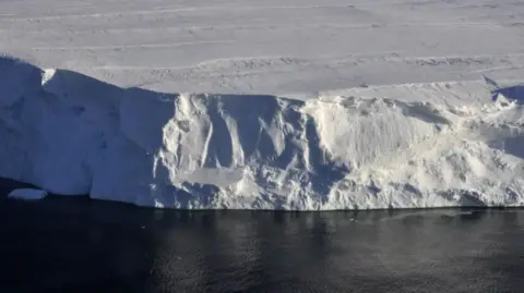 BBC/JEMMA COX View for the pride of Thwaites Glacier that appears as a white ice shelf with the dark blue ocean in the front, and the ice extends to the distance behind it.
