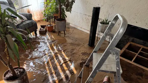 Inside Steven Mordecai home the floor which has been flooded with muddy water. A single seat can be seen in the far left of the image. On each side of the chair there are potted house plants on the floor. A silver metal ladder is on the floor to the right of the image.