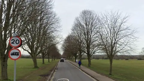 A screenshot from Google Maps of Ladies Mile, which is a road that runs through the middle of the Bristol Downs. The image shows a long fairly narrow tree-lined road running through the middle of a park, with a couple of cars driving down the road and two people walking on the pavement.